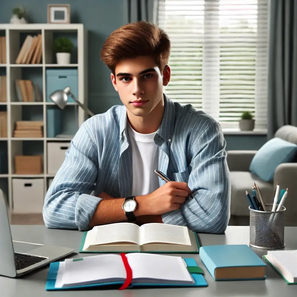 DALL·E 2025-03-01 16.43.46 - A motivated high school student sitting at a well-organized study desk, looking focused and determined. A laptop, open books, and a study planner are DALL·E 2025-03-01 16.43.46 - A motivated high school student sitting at a well-organized study desk, looking focused and determined. A laptop, open books, and a study planner are