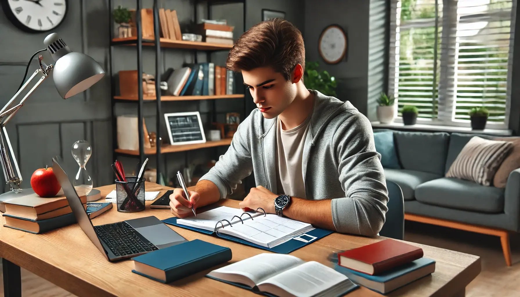 DALL·E 2025-03-01 17.00.04 - A motivated high school student sitting at a well-organized study desk with a planner, books, and a laptop open. The student appears focused and disci