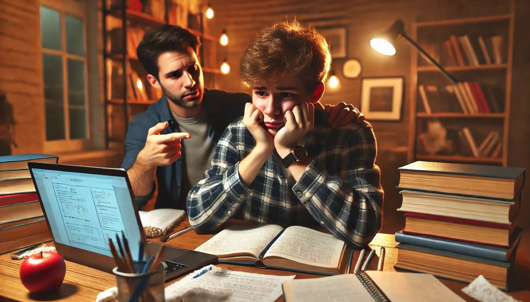 DALL·E 2025-03-01 17.00.08 - A frustrated high school student sitting at a desk, surrounded by books and notes, looking overwhelmed. A tutor, either virtually on a laptop screen o DALL·E 2025-03-01 17.00.08 - A frustrated high school student sitting at a desk, surrounded by books and notes, looking overwhelmed. A tutor, either virtually on a laptop screen o