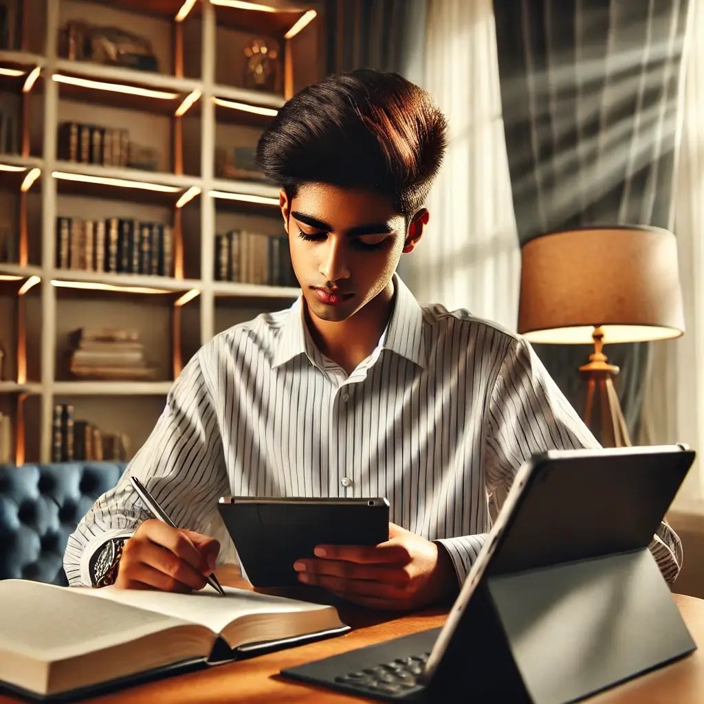 DALL·E 2025-03-01 20.34.01 - A stylish Indian-American high school student sitting at a premium study desk, using a tablet and writing in a luxury notebook. The background feature