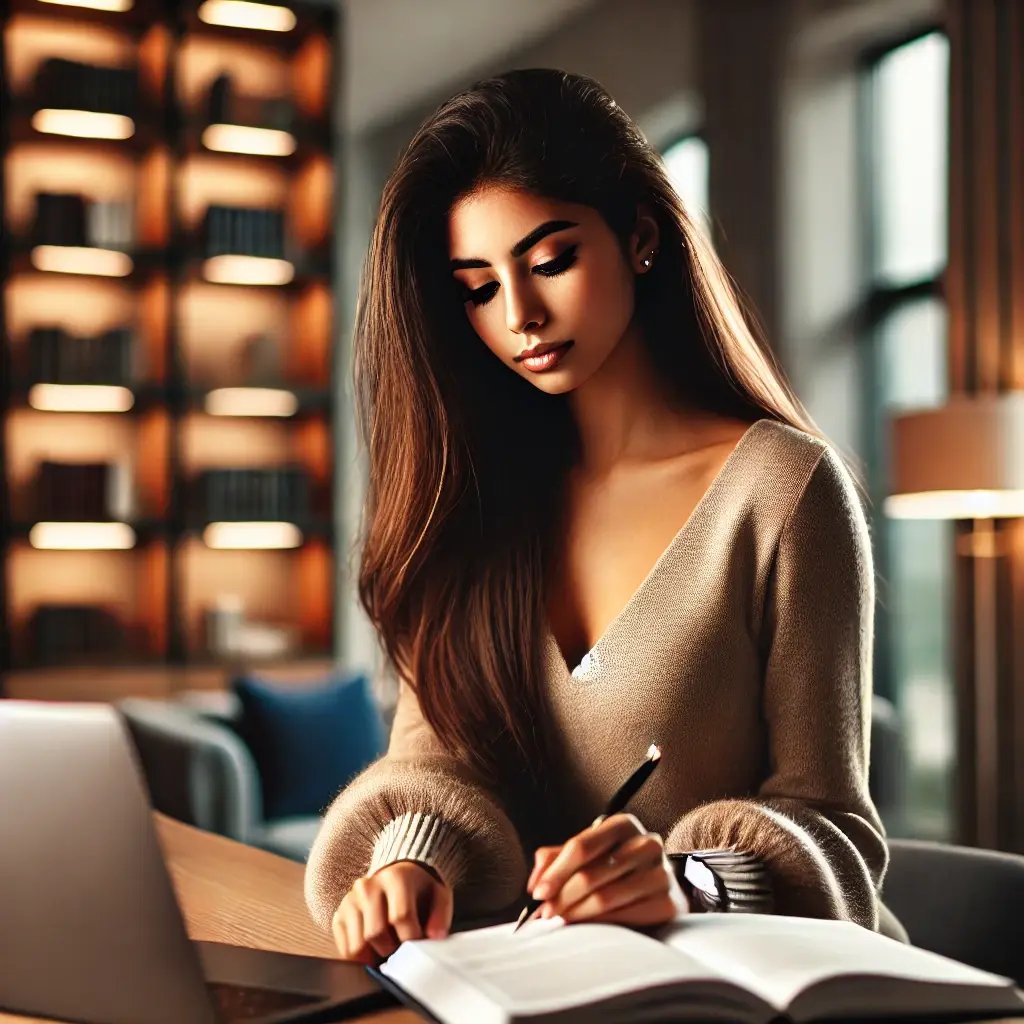 DALL·E 2025-03-01 20.34.33 - A modern, posh Indian-American female high school student studying in a sleek, well-designed study space. She is engaged with a laptop, taking notes i