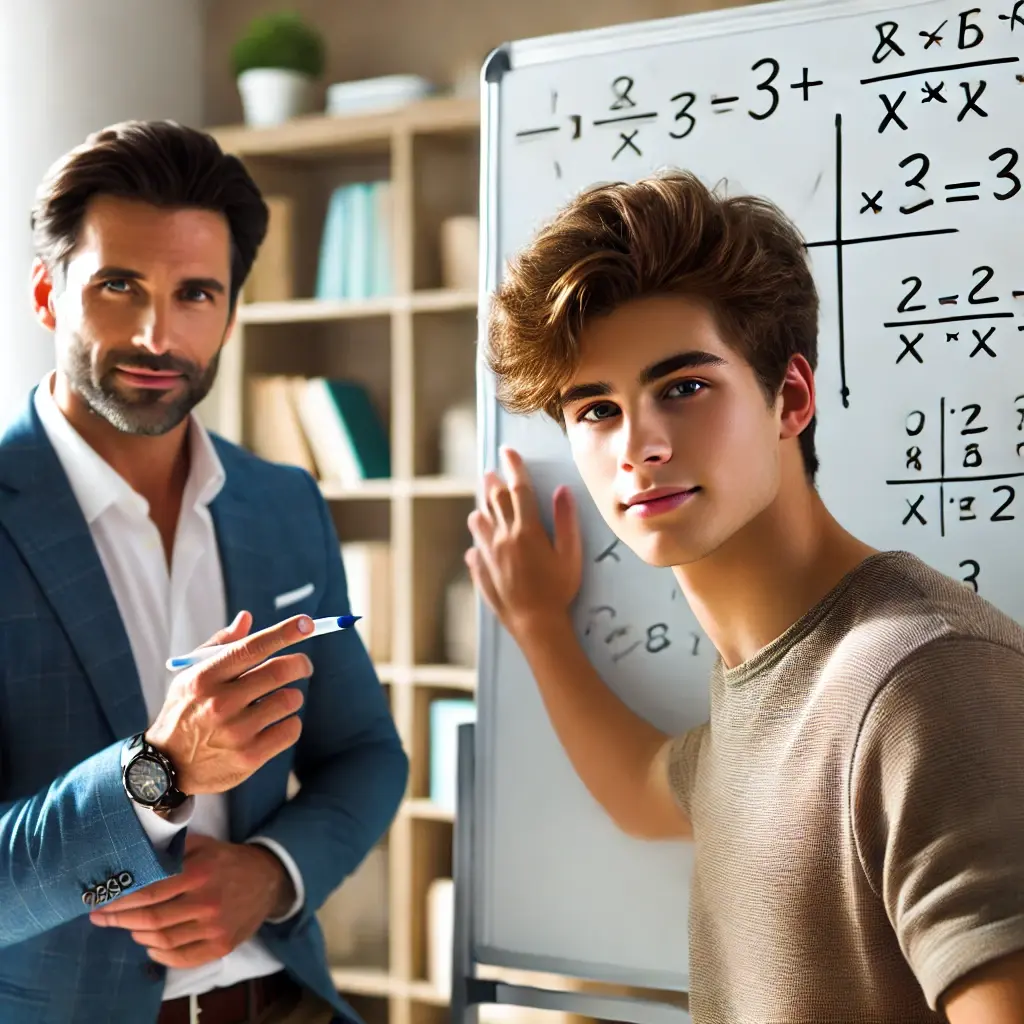 DALL·E 2025-03-01 16.43.43 - A confident high school student solving an advanced math problem on a whiteboard, with a tutor providing guidance. The student looks determined and fo