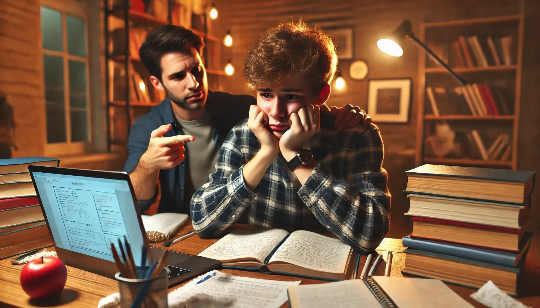 DALL·E 2025-03-01 17.00.08 - A frustrated high school student sitting at a desk, surrounded by books and notes, looking overwhelmed. A tutor, either virtually on a laptop screen o